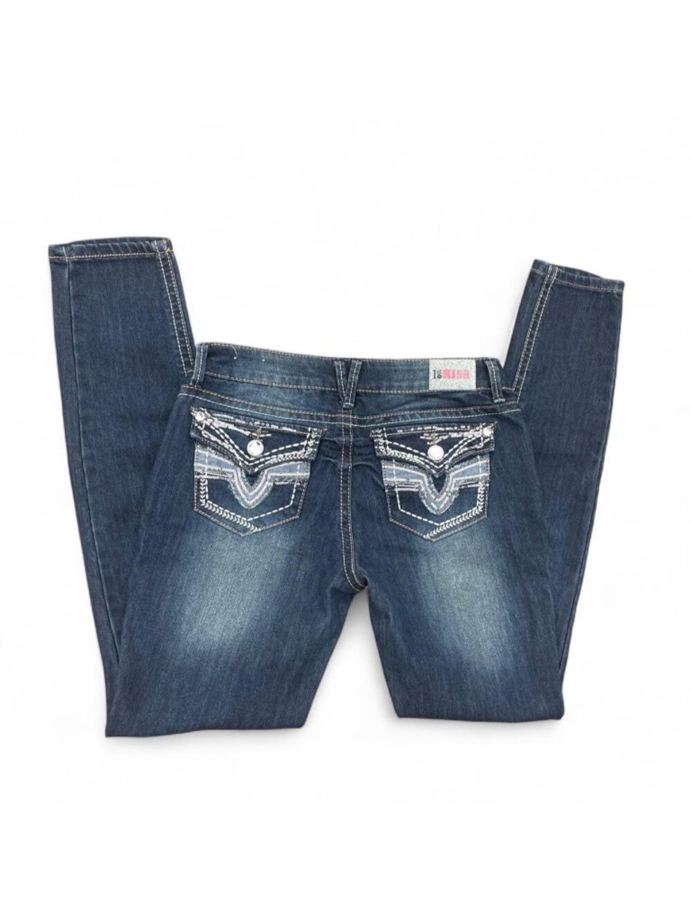Y2K distressed low rise jeans with embellished back pockets